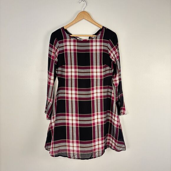 NWT Ann Taylor Loft Black Plaid Tie Back Long Sleeve A Line Dress Size 2P Pink - Picture 4 of 11